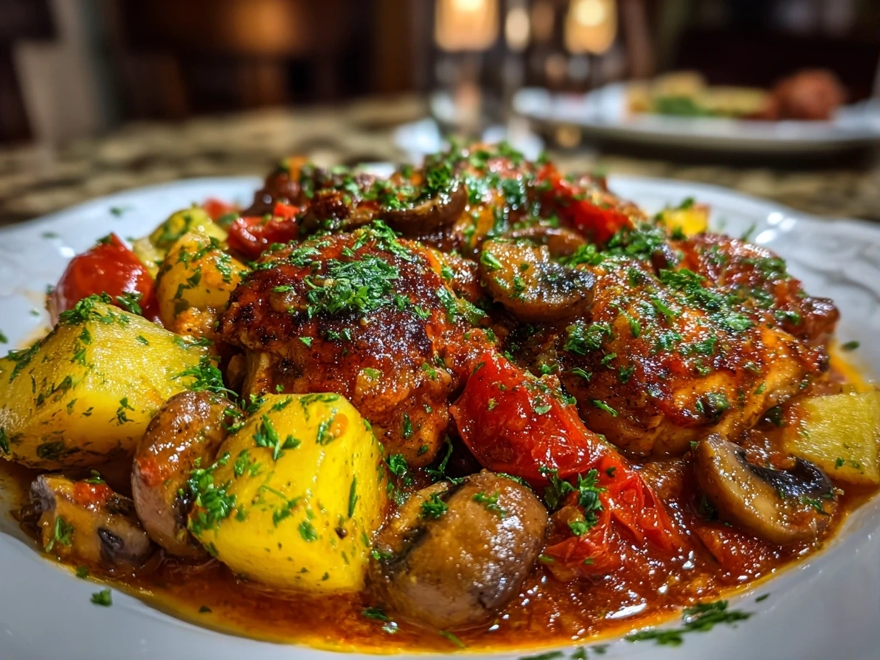 Slight angle close-up of finished Chicken Cacciatore in a bowl