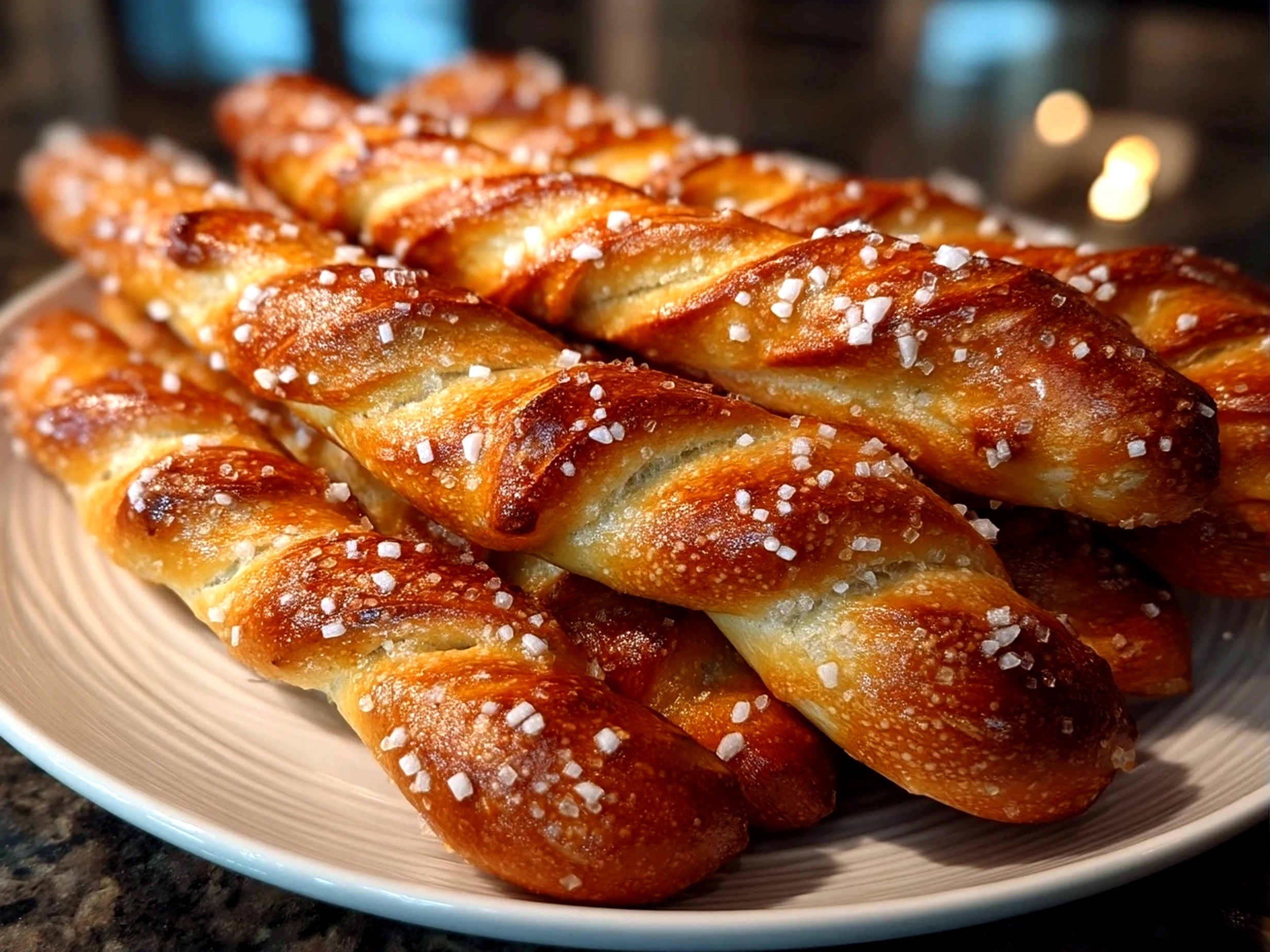 Slight angle close-up of finished comforting no-bake Christmas pretzel sticks