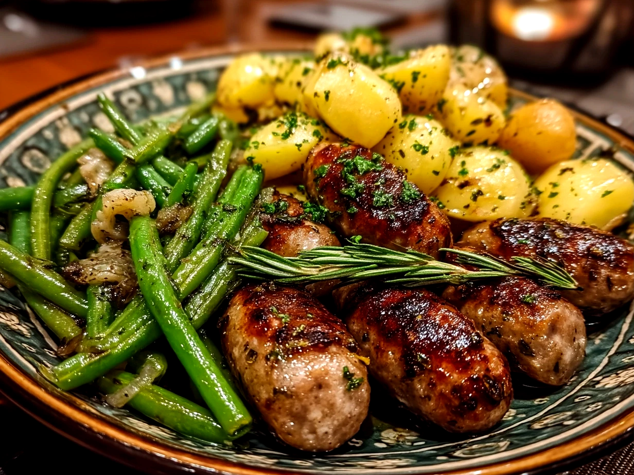 Finished comforting One Pan Sausage Green Beans and Potatoes served in a pan