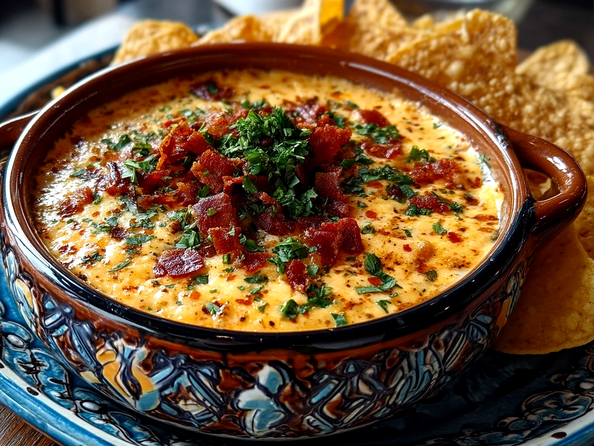 Slight angle close up of finished cowboy queso dip in a bowl