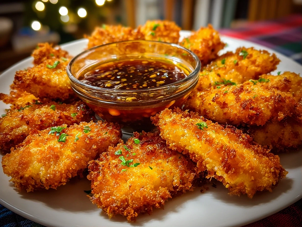 Slight angle close-up of finished Crispy Chicken Tenders on a serving plate