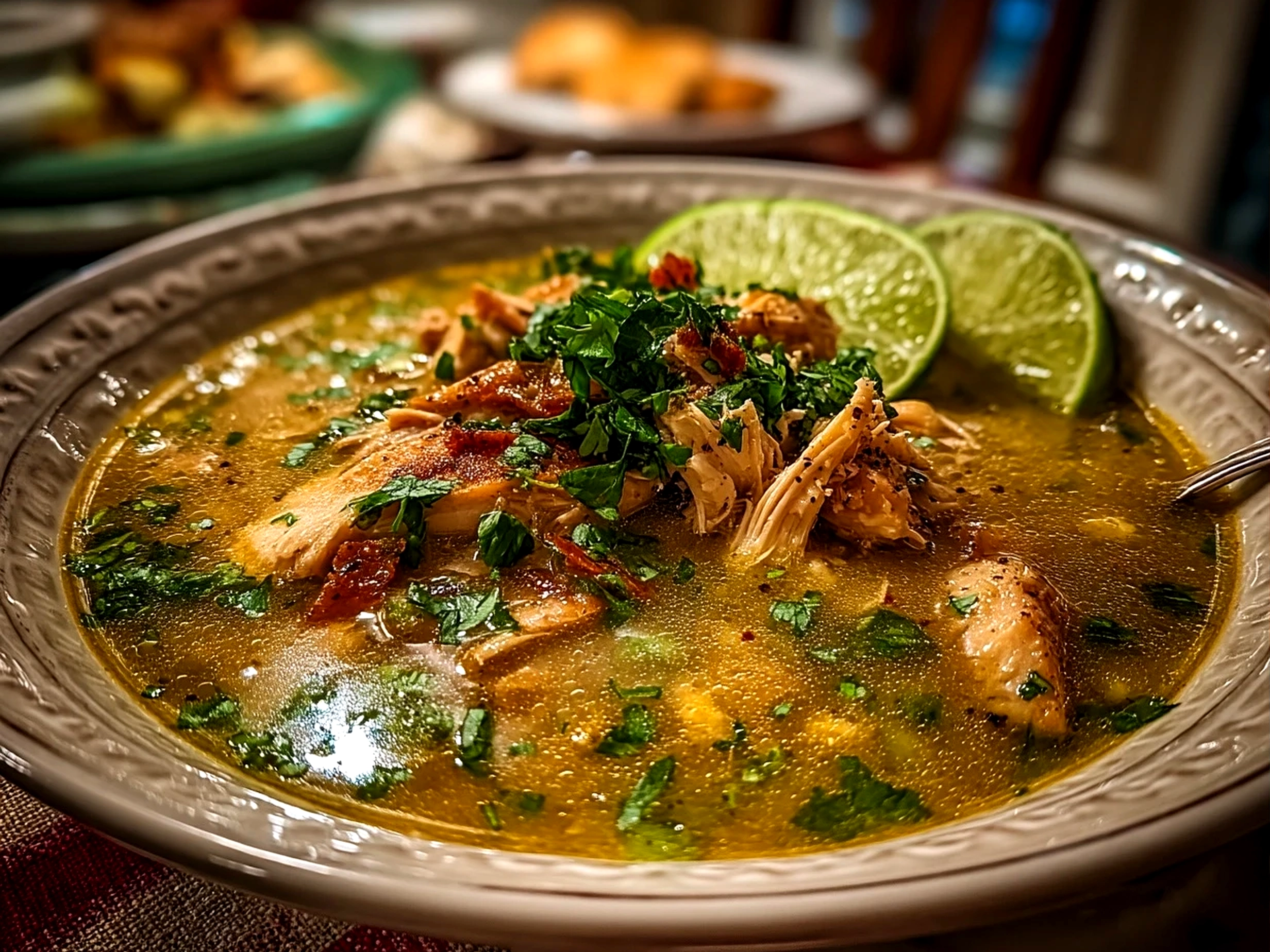 Close-up of finished delicious Green Chicken Chili showing its natural shadows and fresh ingredients