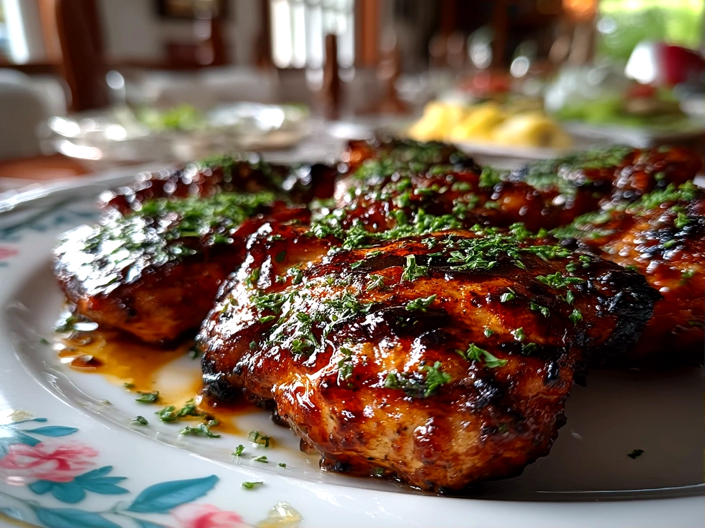 Close-up of finished grilled BBQ boneless chicken thighs
