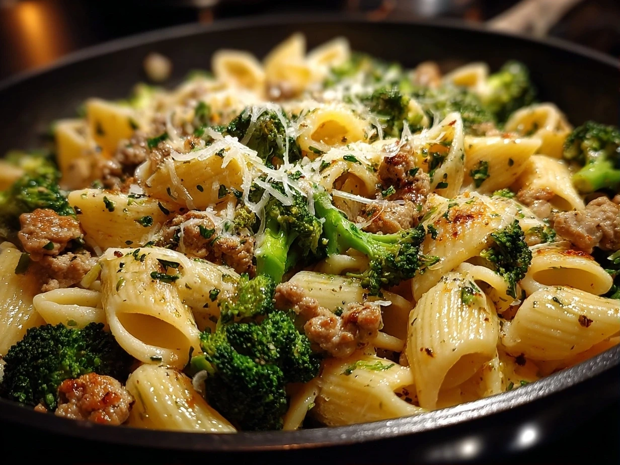 Close-up of finished ground turkey broccoli pasta showing tender meat, vibrant broccoli, and pasta