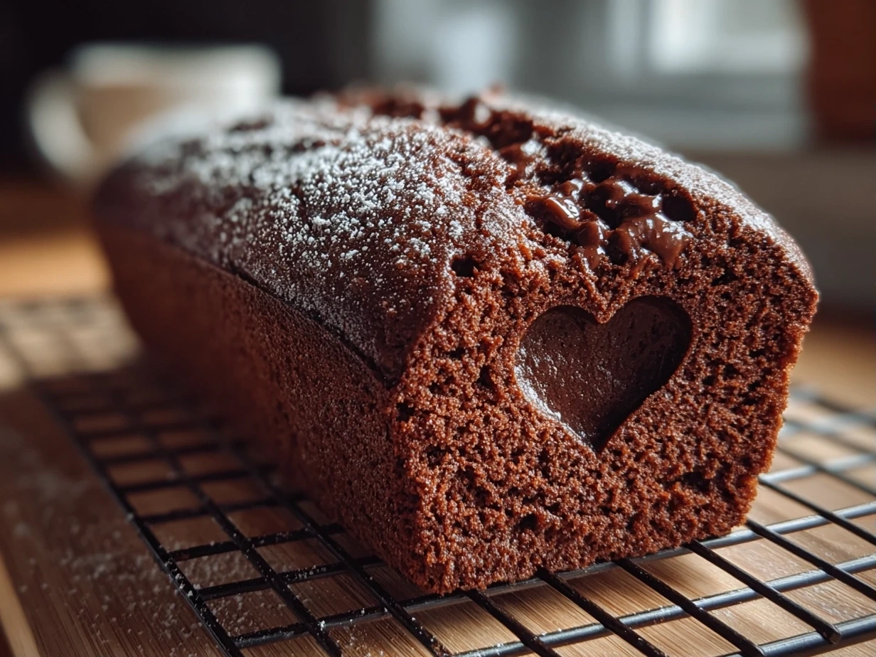 Close-up image of finished Hidden Heart Chocolate Loaf Cake with visible heart
