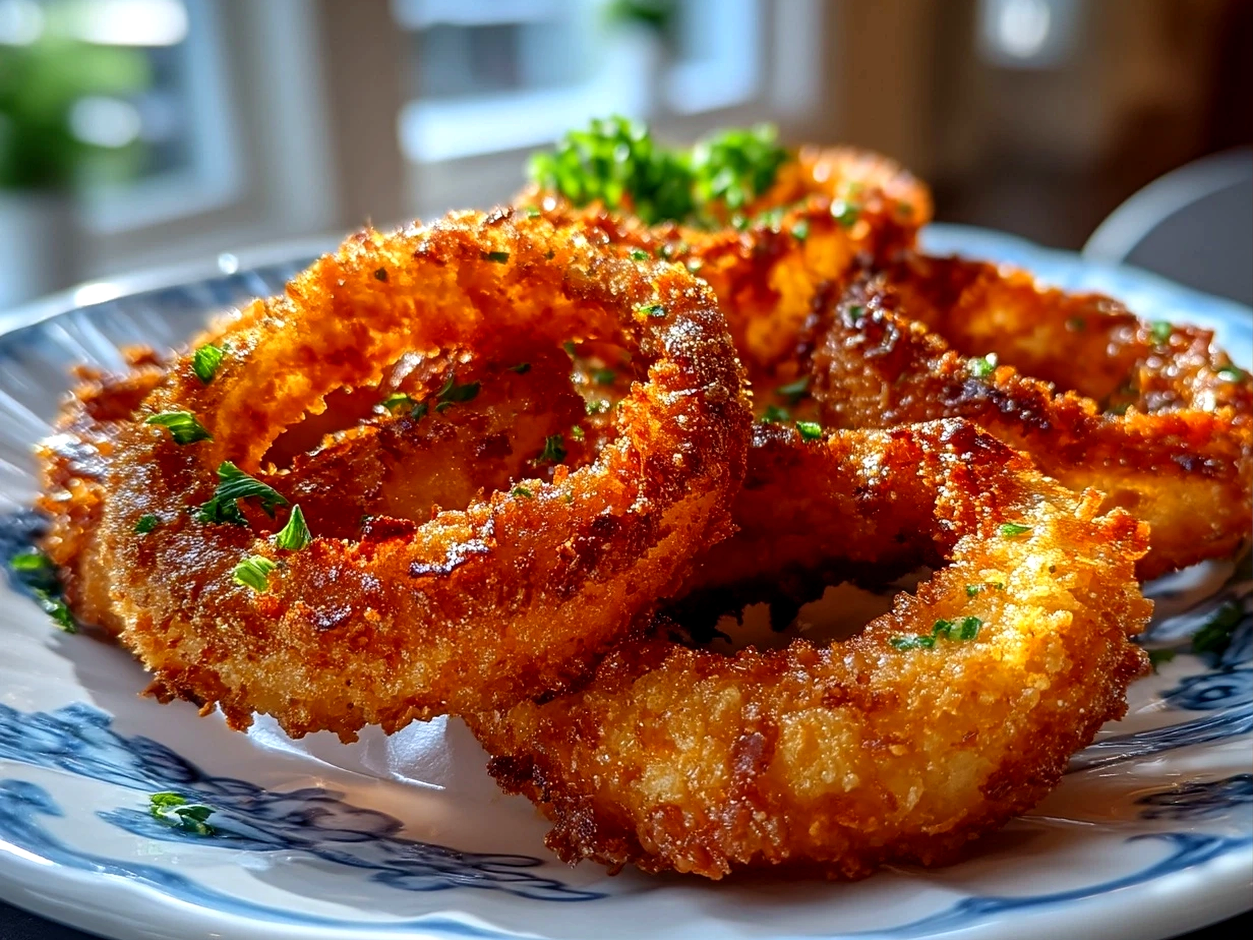 Close-up of finished homemade crispy onion rings served