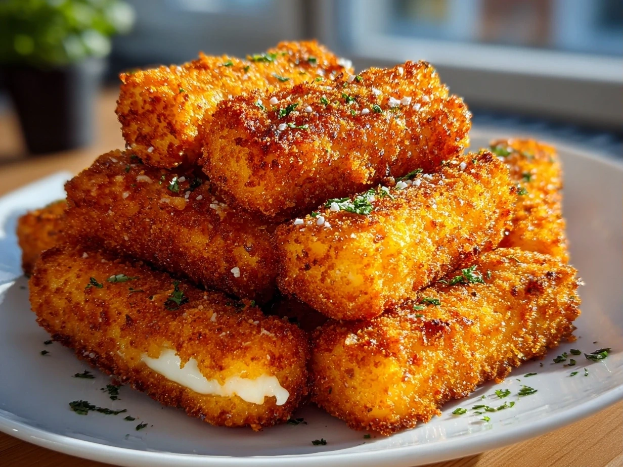 Close up of finished homemade mozzarella sticks showing crispy golden coating and gooey cheese inside