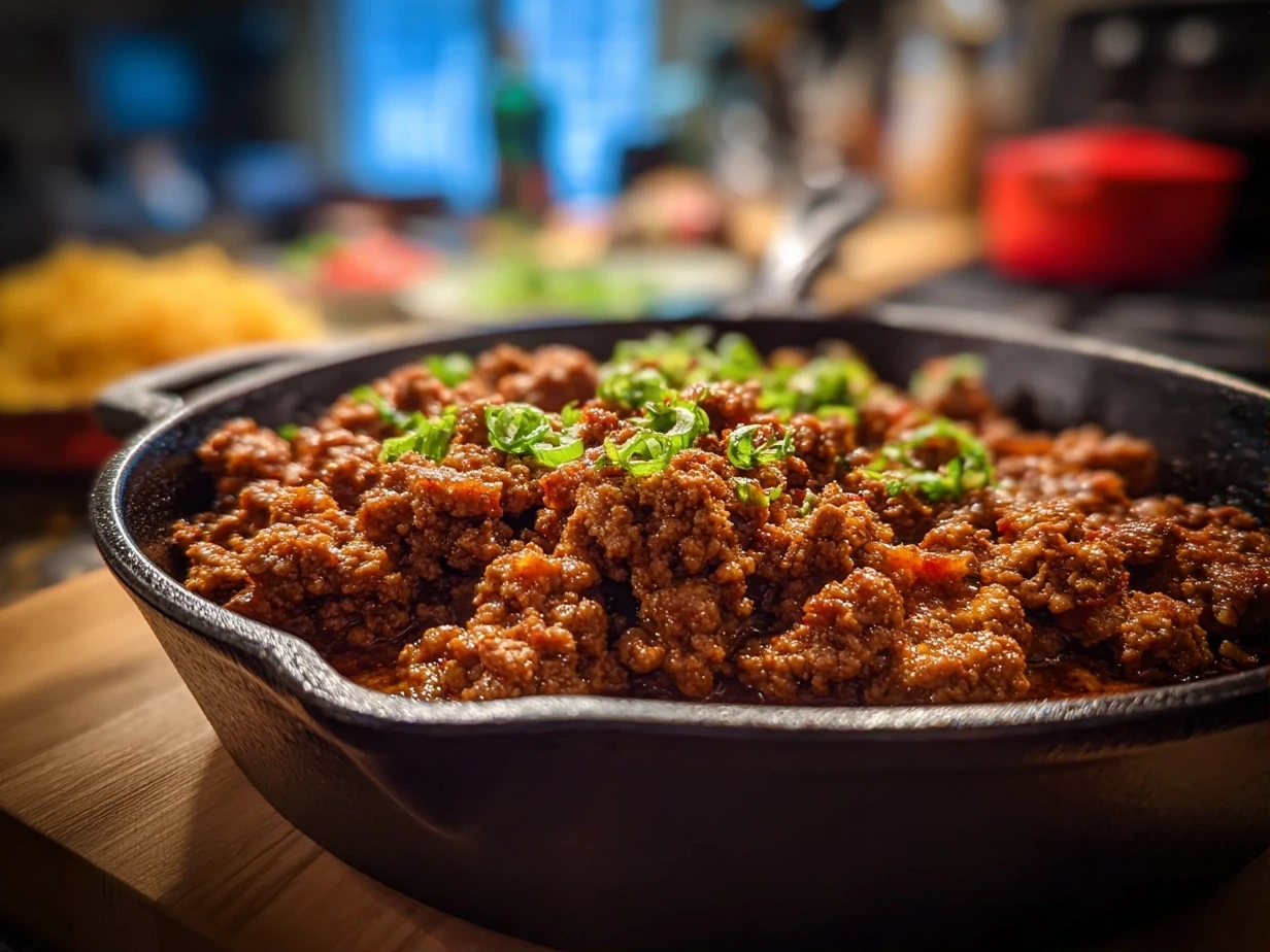 Slight angle close up of finished Honey Garlic Ground Turkey
