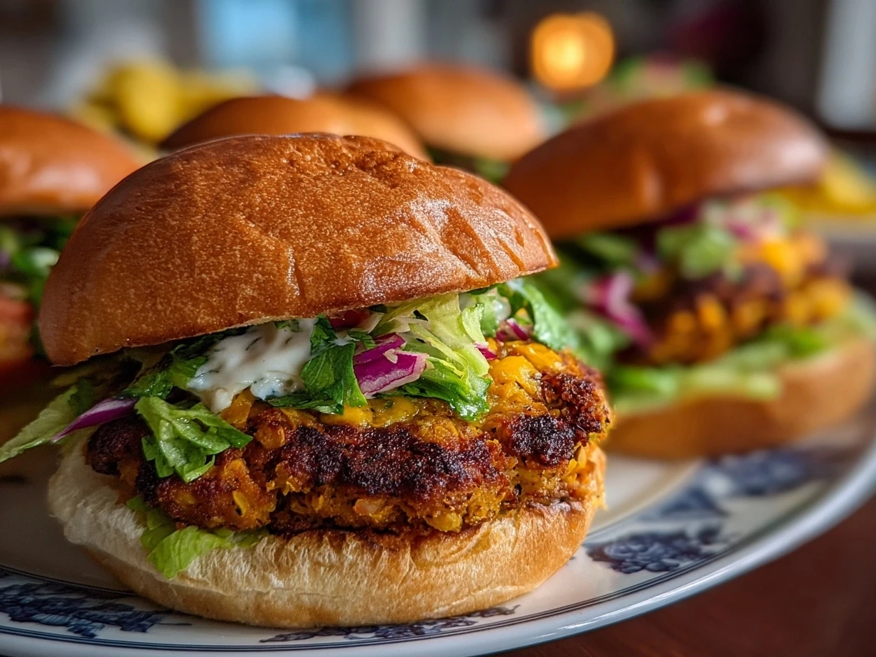 Close-up of finished cooked lentil burgers served on a plate