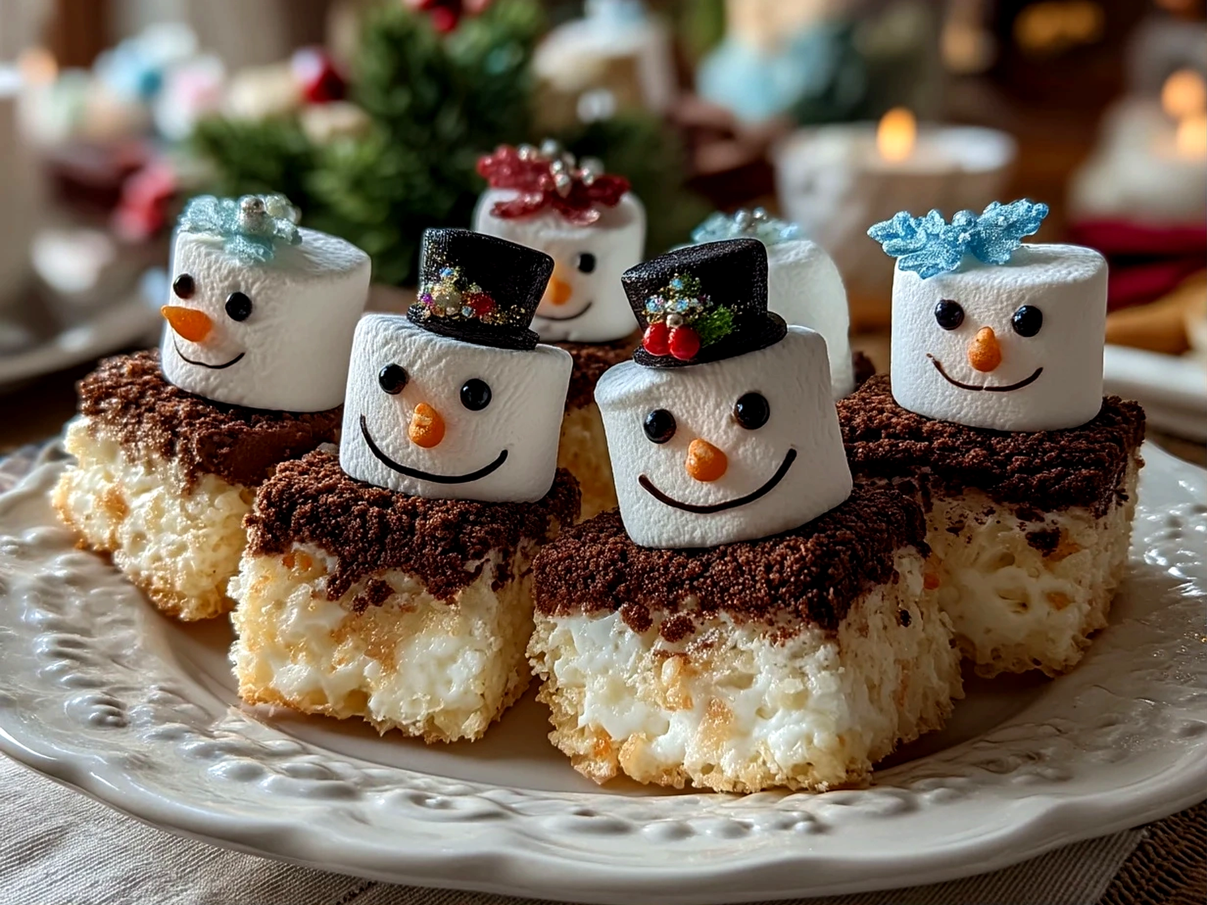 Close up of decorated finished Marshmallow Snowman Treats with colorful details