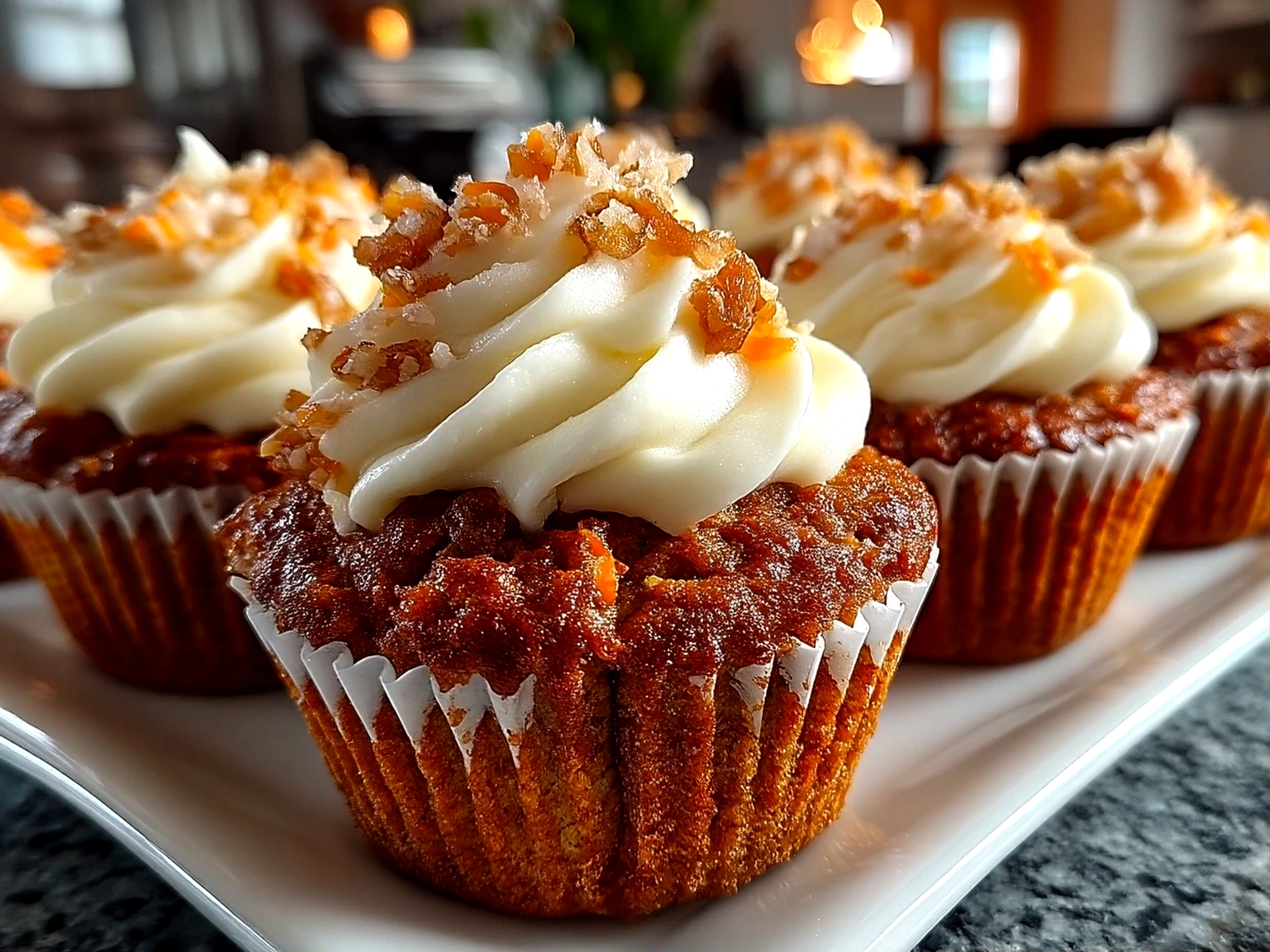 Slight angle close up of finished moist carrot cake muffins