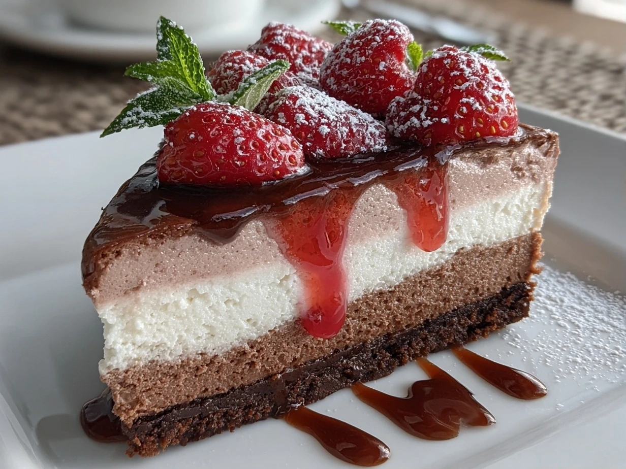 Slight angle close-up finished Neapolitan Mousse Cake showing layers