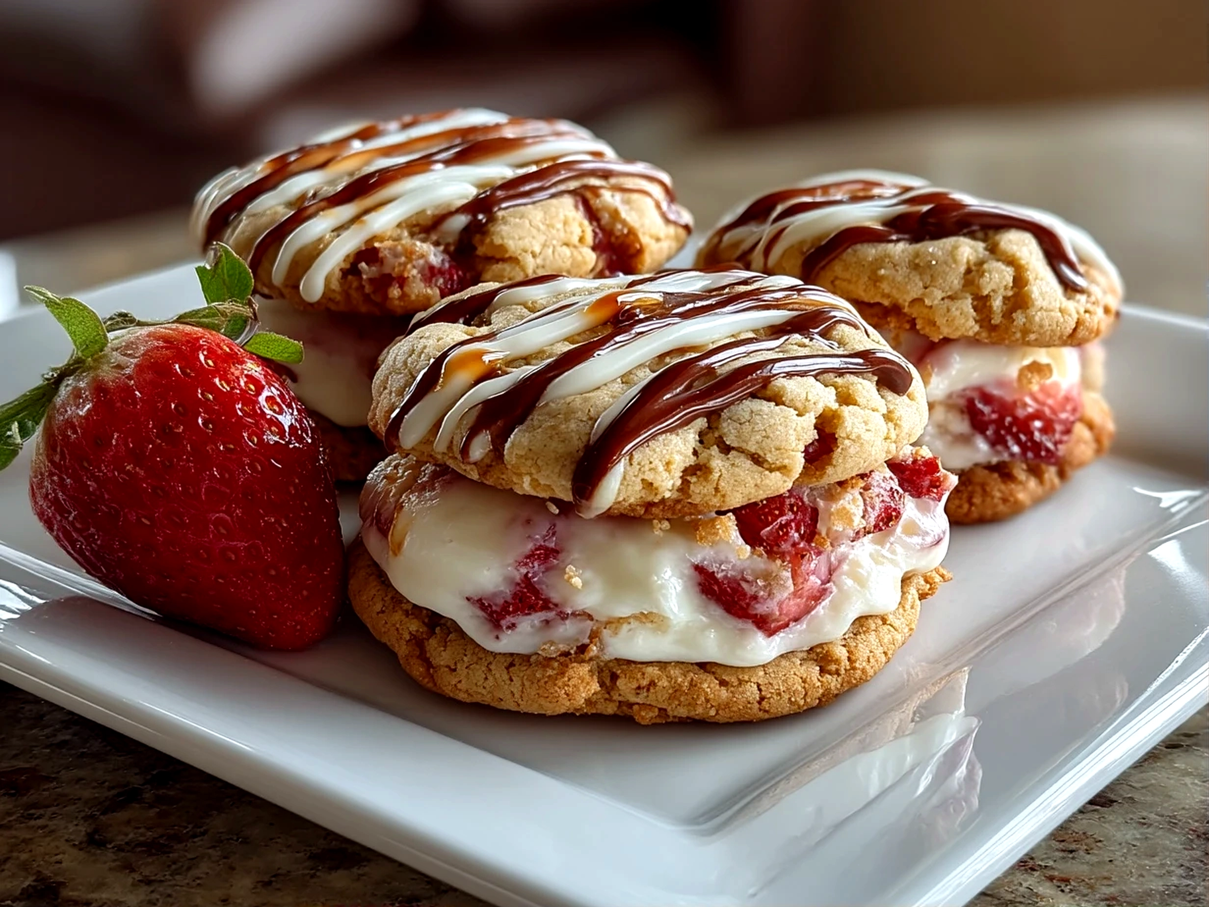 Close-up of finished Strawberry Cheesecake Stuffed Cookies, soft with visible cream cheese filling and strawberry pieces
