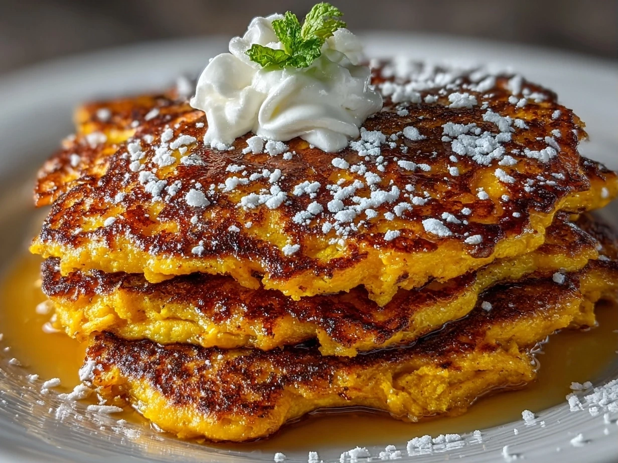 Slight angle close-up of finished Sweet Potato Pancakes on a plate