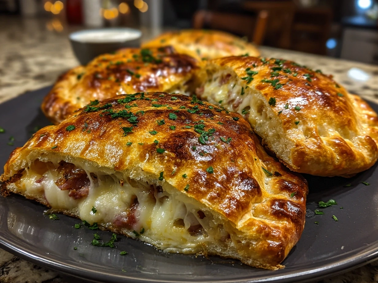 Slight angle close-up of finished golden brown Touchdown Calzones served on a baking tray, ready to enjoy