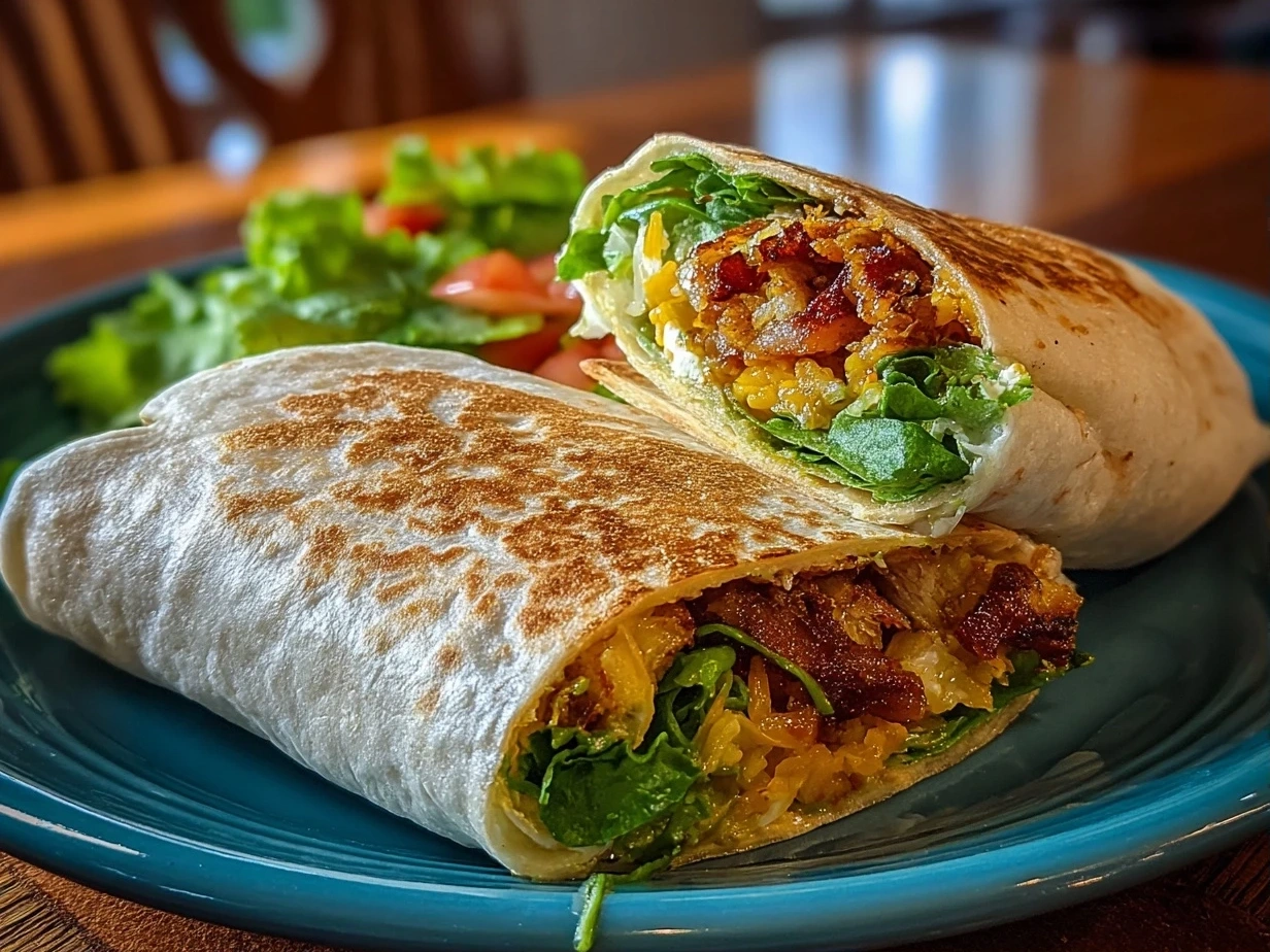 Close-up of a freshly rolled veggie wrap with colorful vegetables visible inside