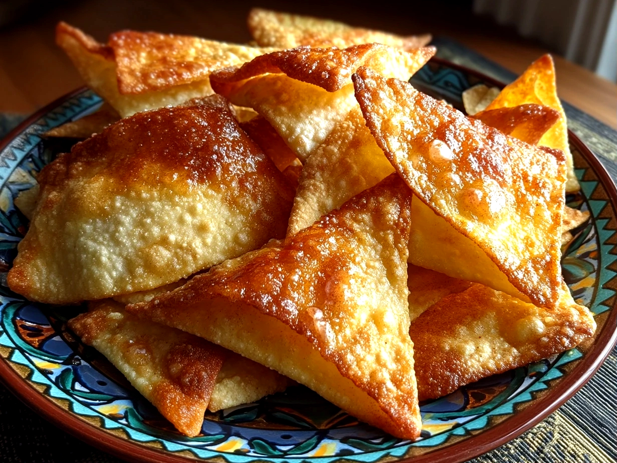 Slight angle close up of finished Cinnamon Tortilla Chips showing crispy cinnamon sugar coated wedges