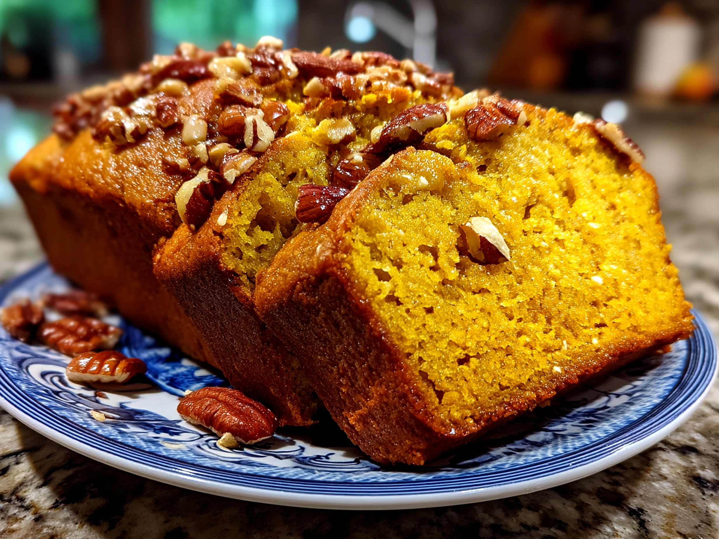 A sliced Spiced Pumpkin Bread with Toasted Nuts served on a wooden board