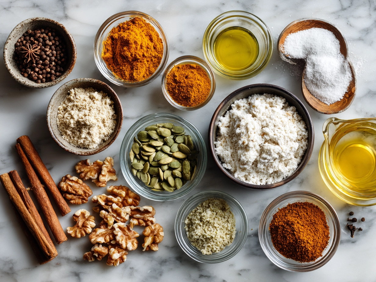 Ingredients for Spiced Pumpkin Bread with Toasted Nuts laid out on a kitchen counter