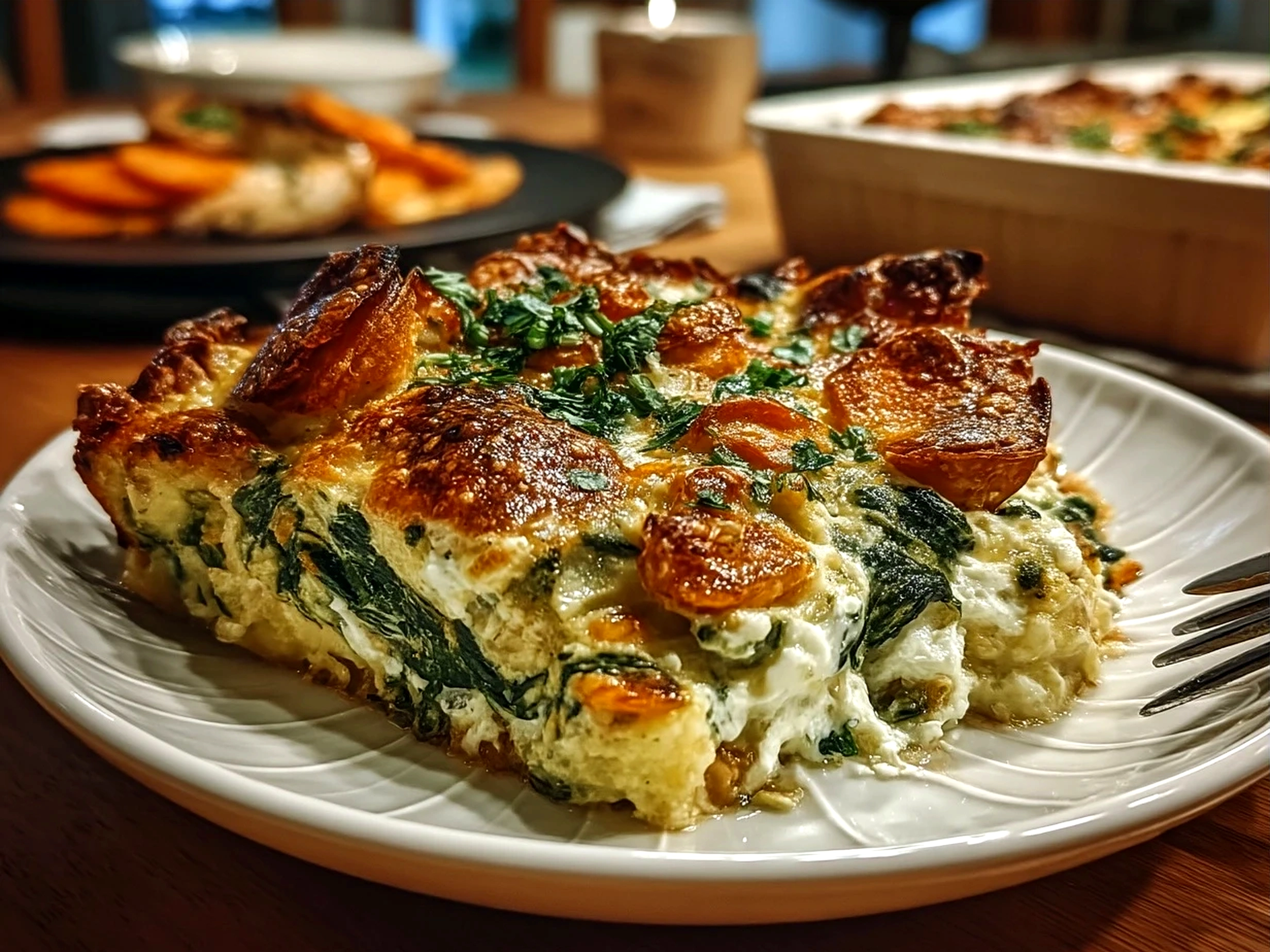 Cheesy spinach casserole freshly baked and served