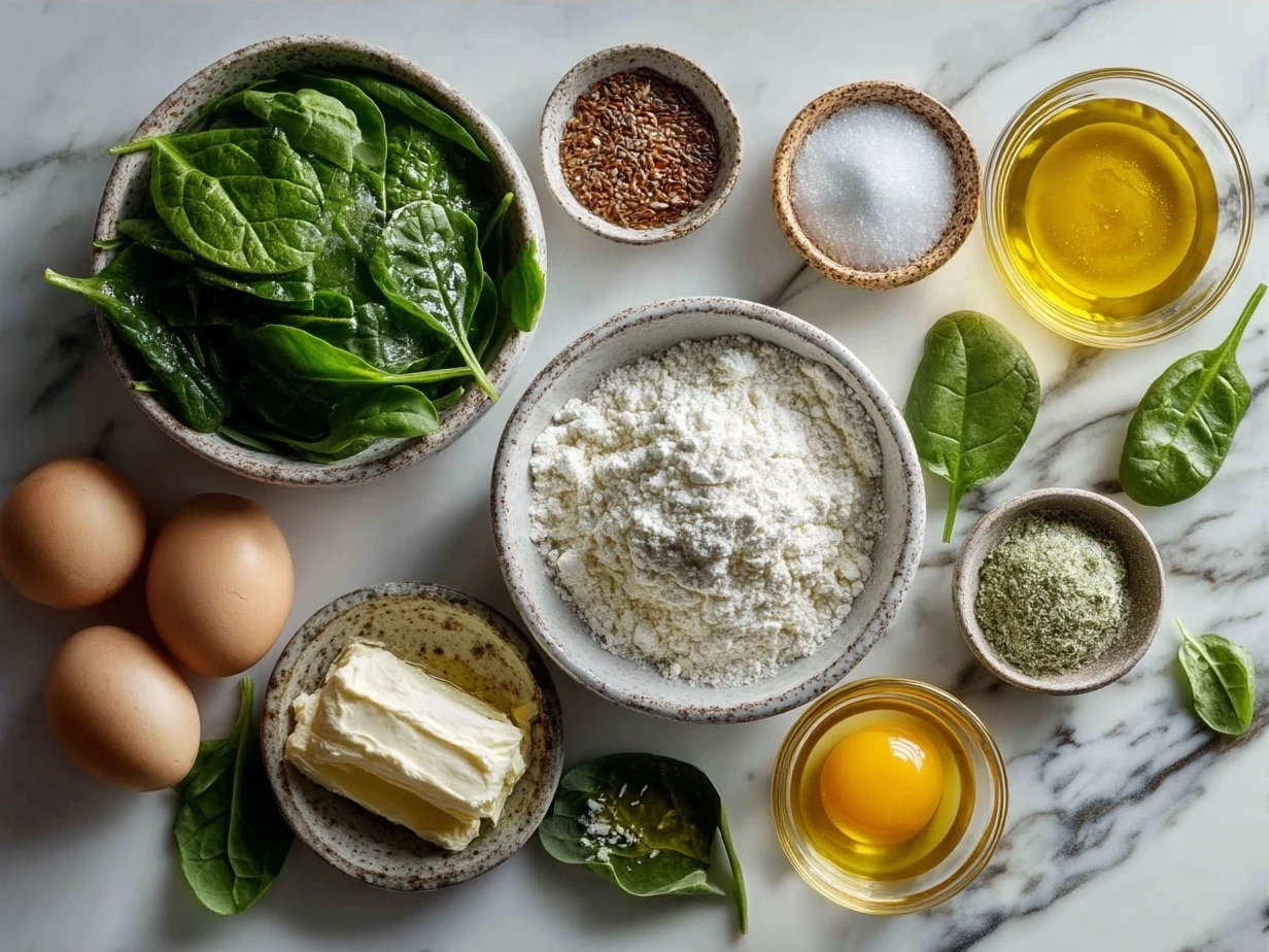 Ingredients for spinach casserole including frozen spinach, sour cream, mozzarella, Parmesan, onion, garlic, butter, and breadcrumbs