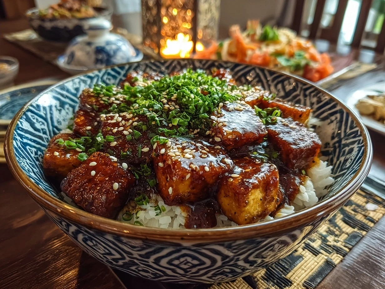 Completed Sticky Tofu Bowls served in bowls with garnish and side dishes