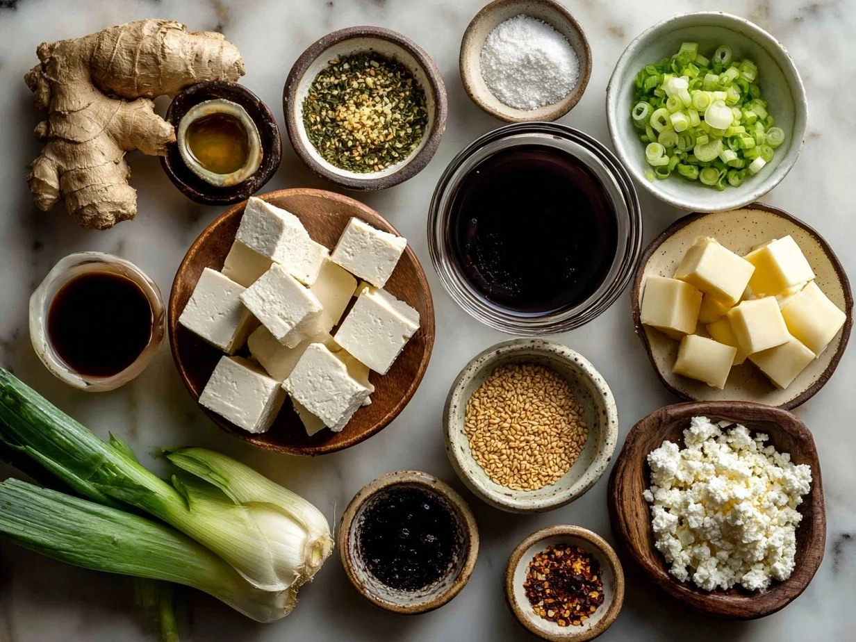 Ingredients for Sticky Tofu Bowls displayed on a kitchen counter