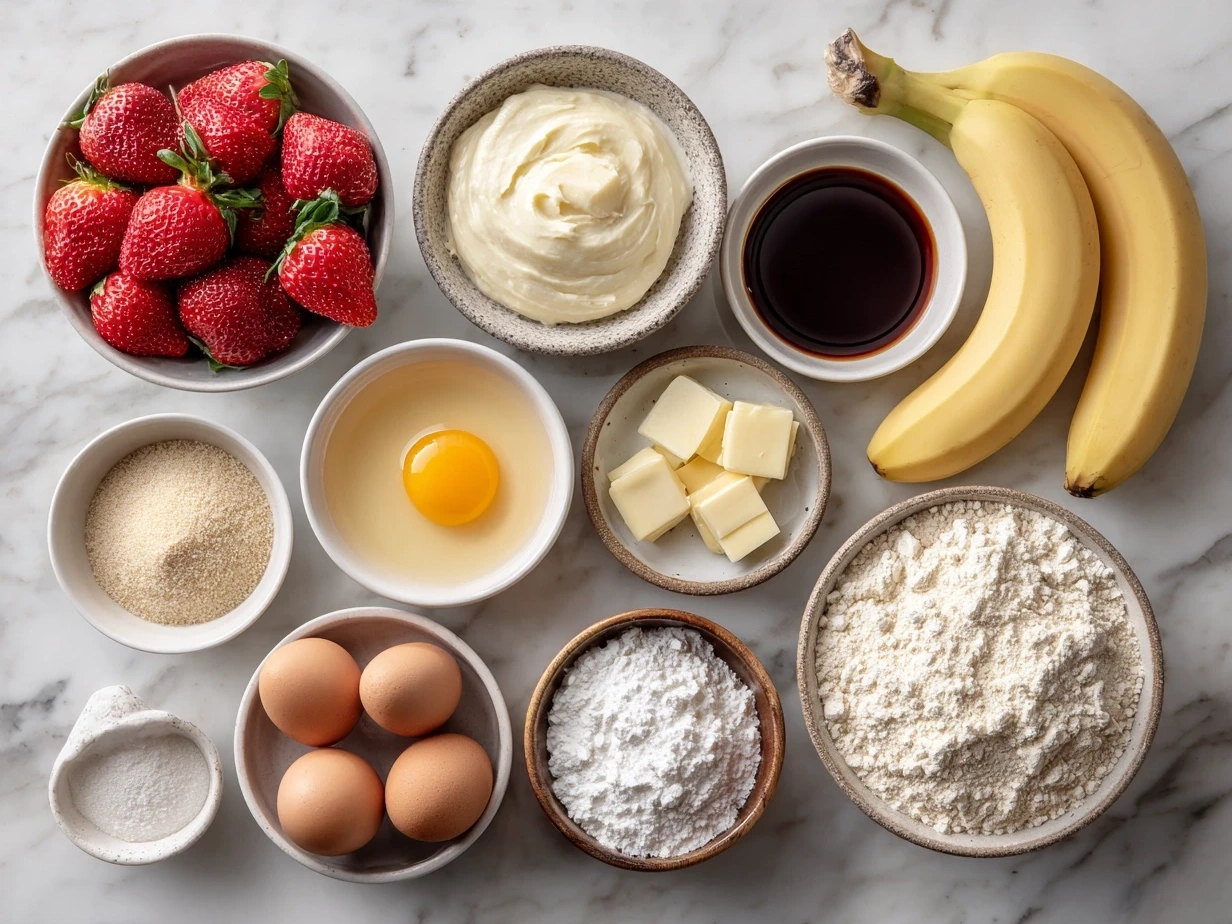 Ingredients for Strawberry Banana Pudding Dream laid out on a table including pudding mix, fresh strawberries, bananas, heavy cream, and vanilla.