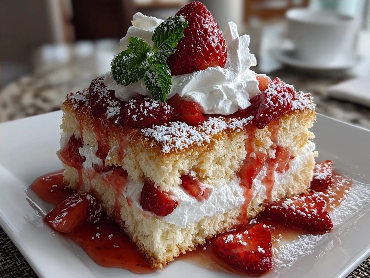 Delicious assembled strawberry shortcake with fresh cream and macerated strawberries on a plate