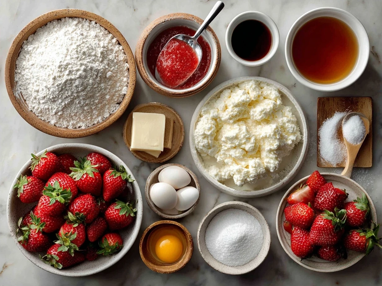 Ingredients laid out for making strawberry shortcake biscuits with fresh strawberries and cream