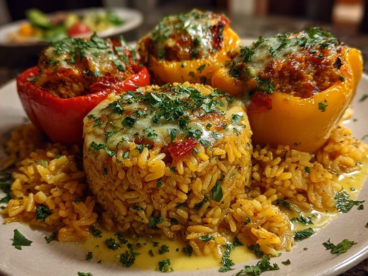 Finished Stuffed Bell Pepper Rice Boats served on a plate, cheese melted and golden