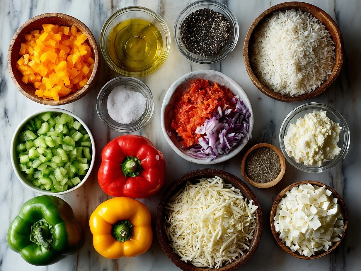 Ingredients for Stuffed Bell Pepper Rice Boats laid out on a kitchen counter