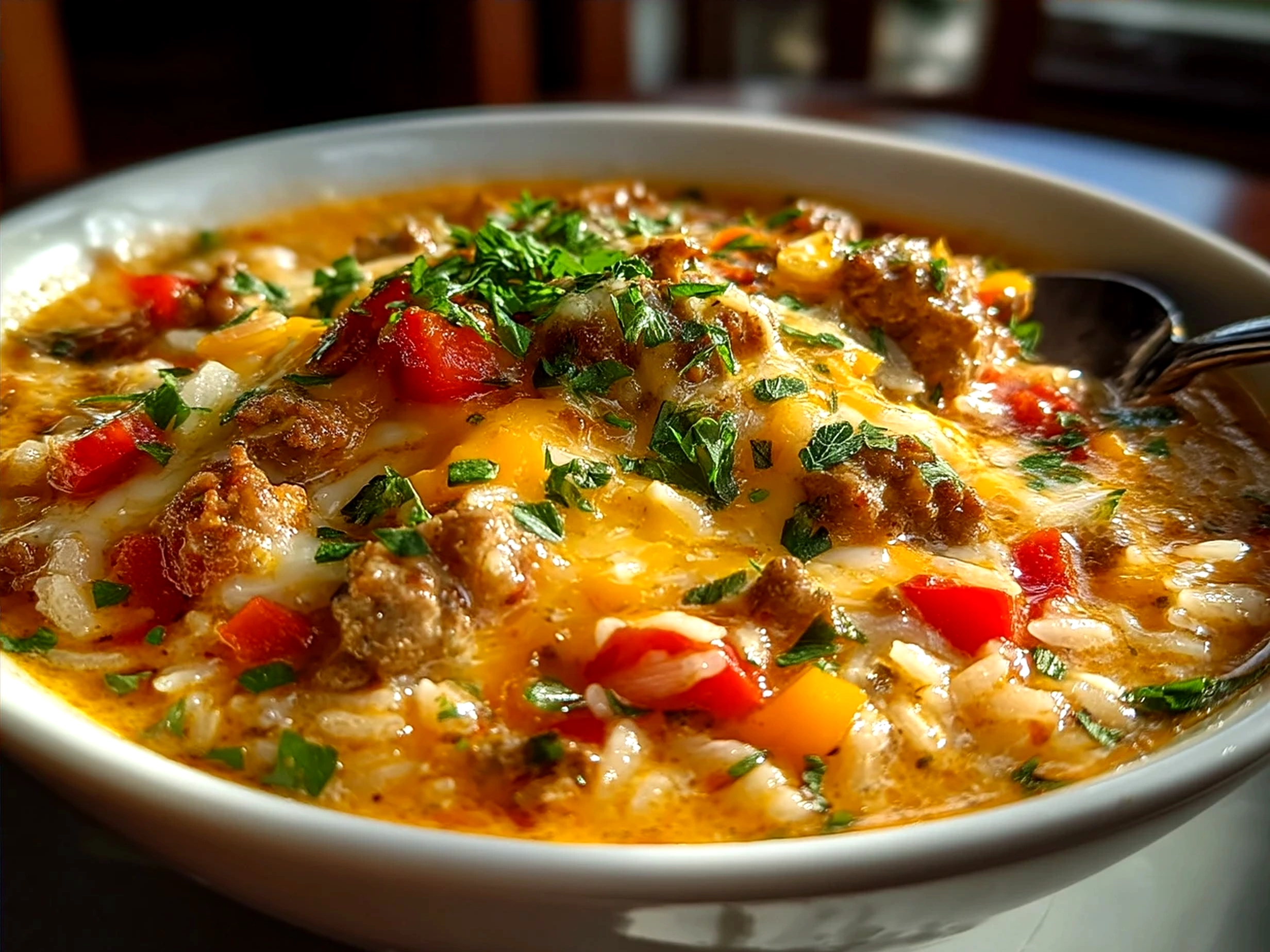 Bowl of Stuffed Pepper Soup garnished, served with crusty bread and salad