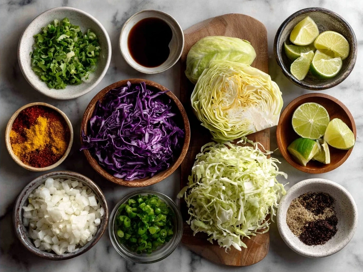Ingredients for Tex Mex Cabbage Skillet meal including cabbage, ground meat, spices, tomatoes, onions, and garlic
