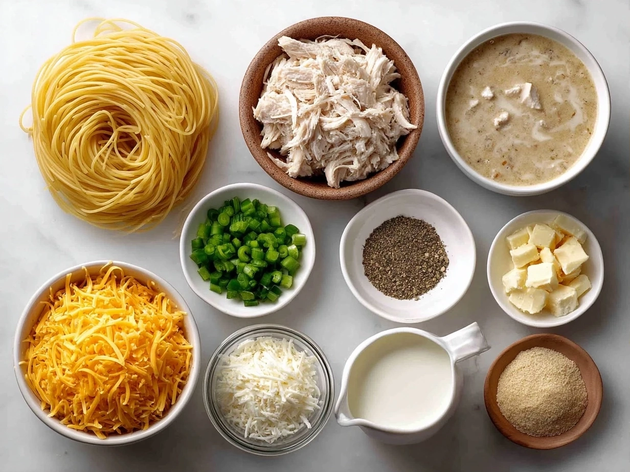 Top down view of ingredients for chicken spaghetti laid out on a table