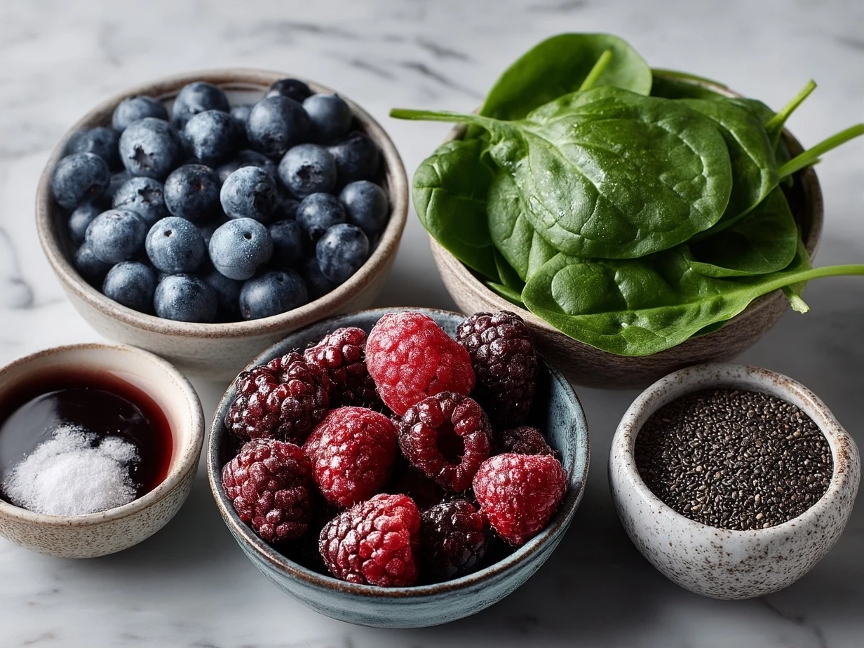 Top-down view of ingredients for Berry Spinach Smoothie including berries, spinach, banana, almond milk, and chia seeds