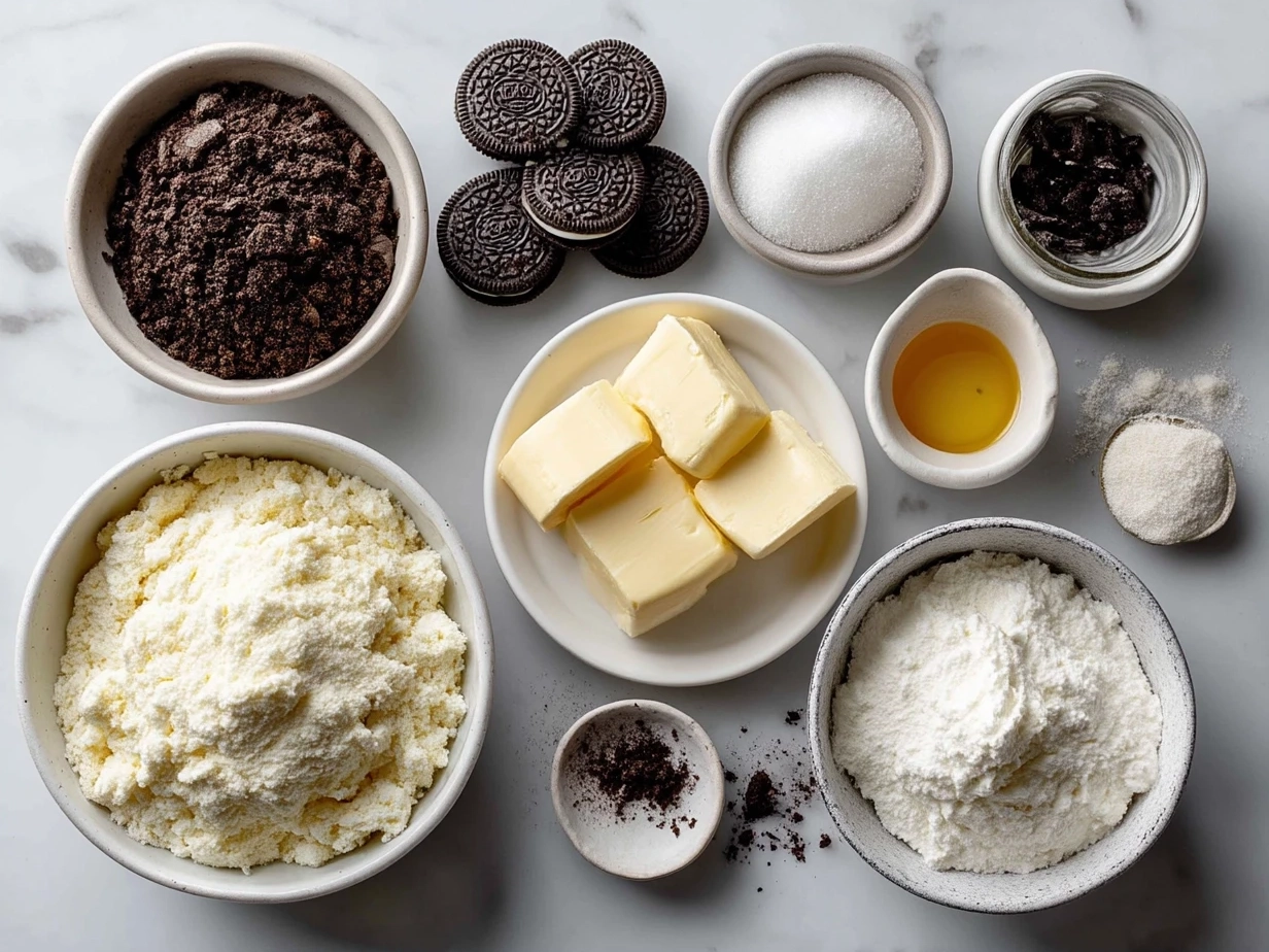 Top down view of ingredients for No-Bake Oreo Cheesecake Bites on a wooden surface