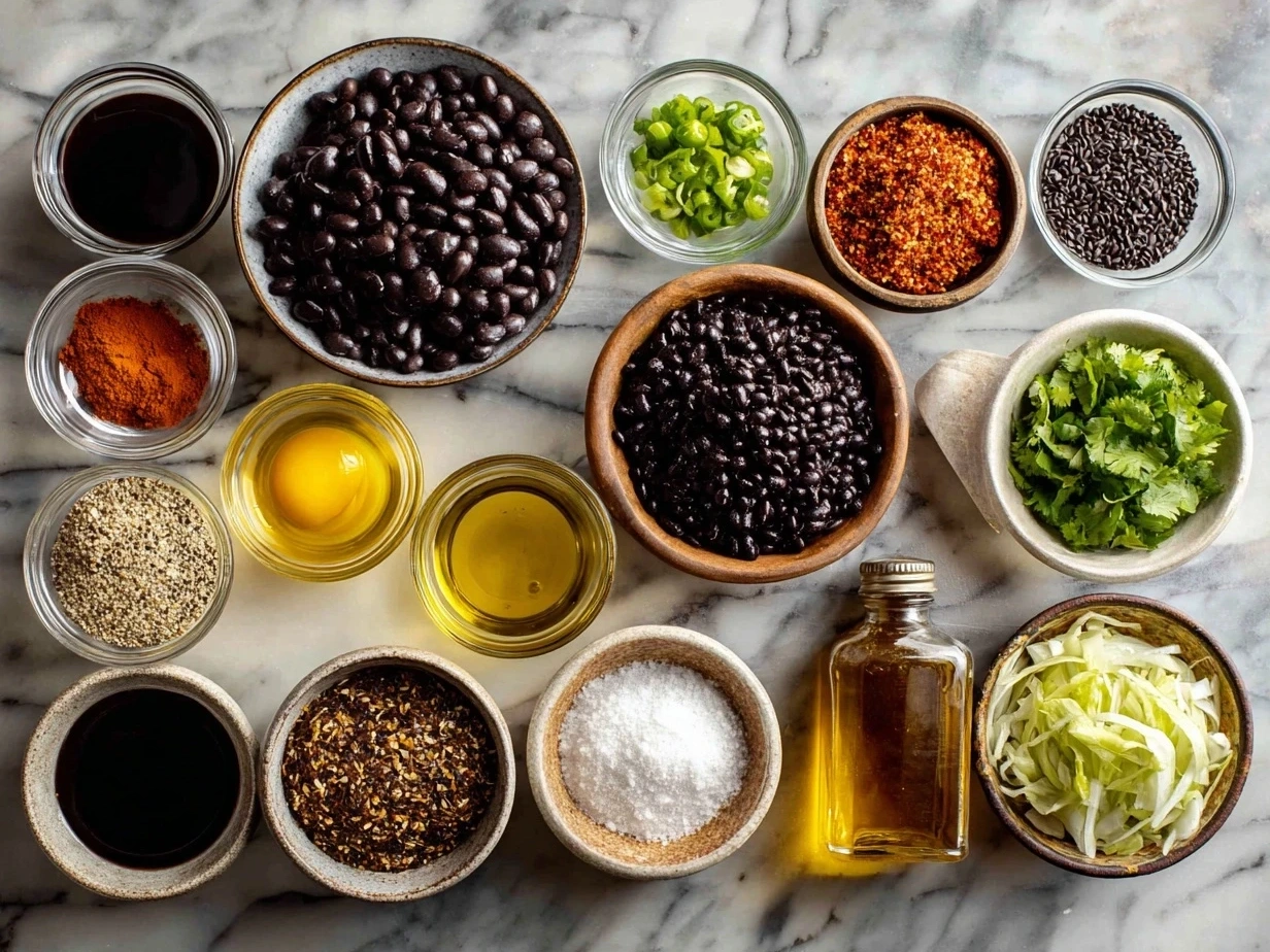 Top down photograph of raw ingredients for black bean tacos including beans, tortillas, avocado, and spices