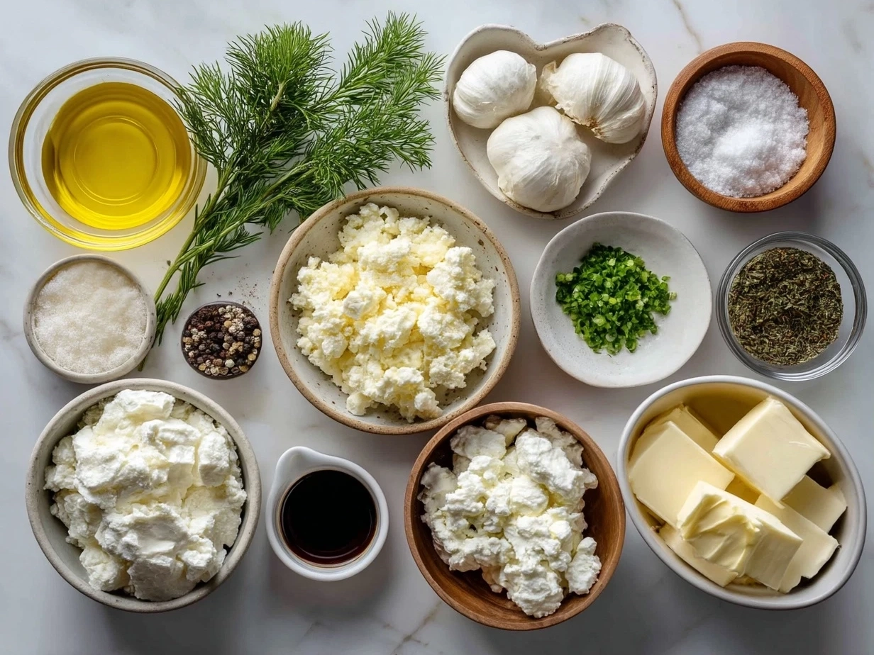 Ingredients laid out for Brie Cheese Wreath on marble surface