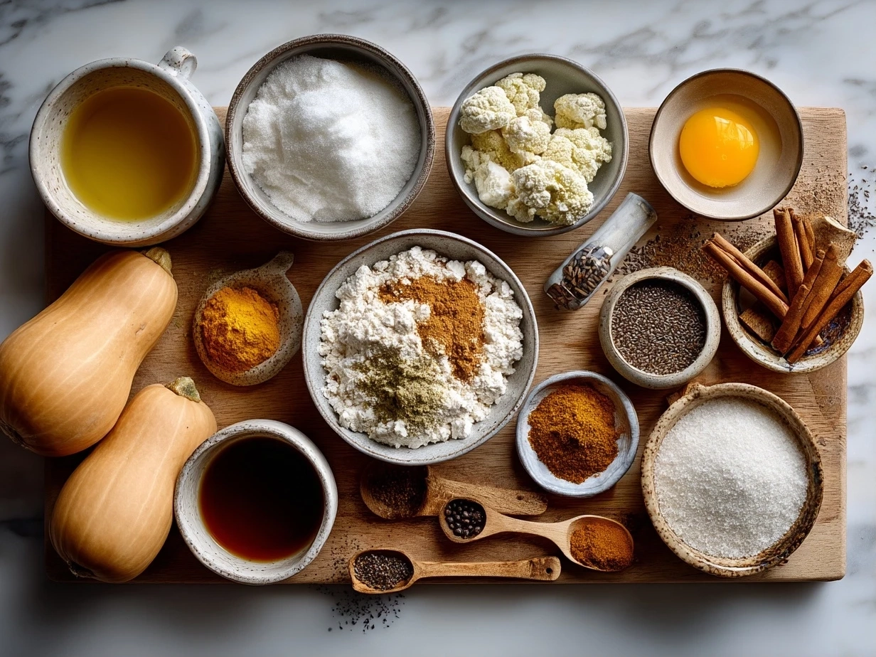 Top down raw ingredients for butternut squash on marble