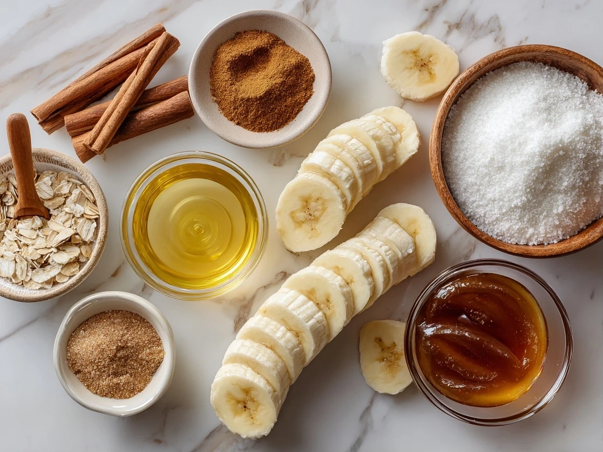Top down raw ingredients for caramelized baked banana slices showing bananas, butter, brown sugar, honey, cinnamon and salt