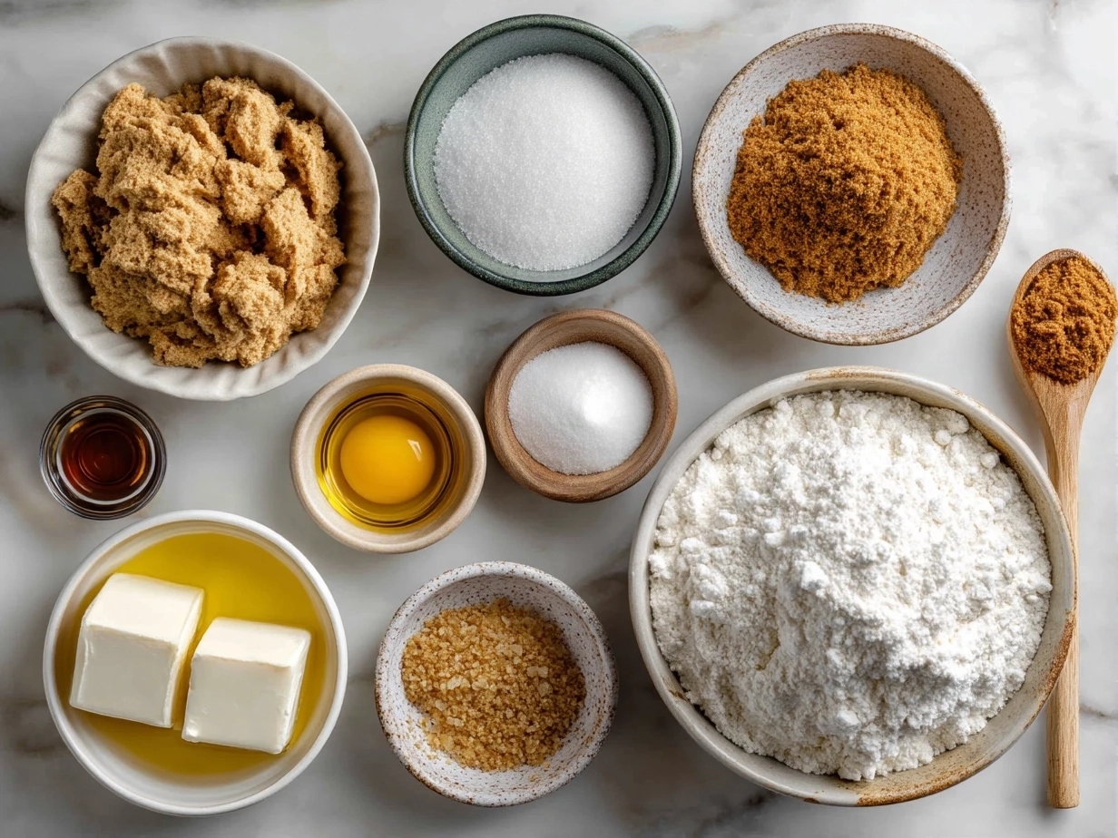 Top down view of raw ingredients for carrot cake muffins on marble surface