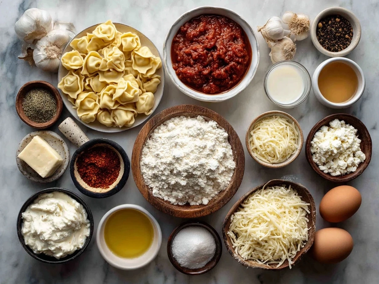 Top down raw ingredients for Cheese Tortellini in Creamy Marinara on marble surface