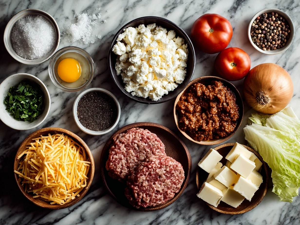 Top down view of raw ingredients for cheeseburger sliders on Hawaiian sweet rolls arranged on marble