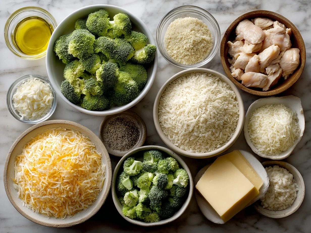 Raw ingredients for Cheesy Broccoli Chicken and Rice Casserole including chicken, broccoli, rice, cheese, and soup