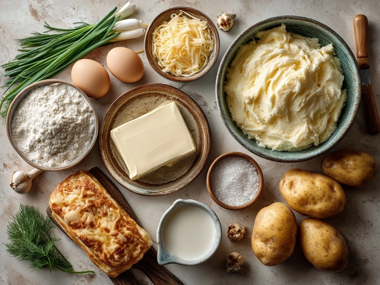 Top down view of raw ingredients for cheesy potatoes on marble surface