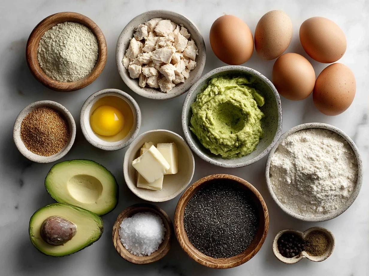 Top-down raw ingredients for chicken avocado ranch burritos including chicken, avocados, tortillas, and vegetables