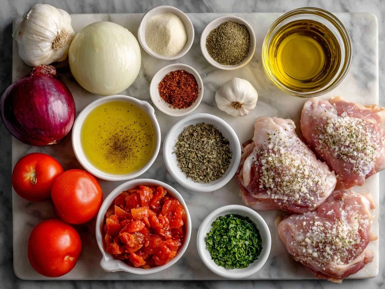 Top down view of raw ingredients for Chicken Cacciatore on a marble surface