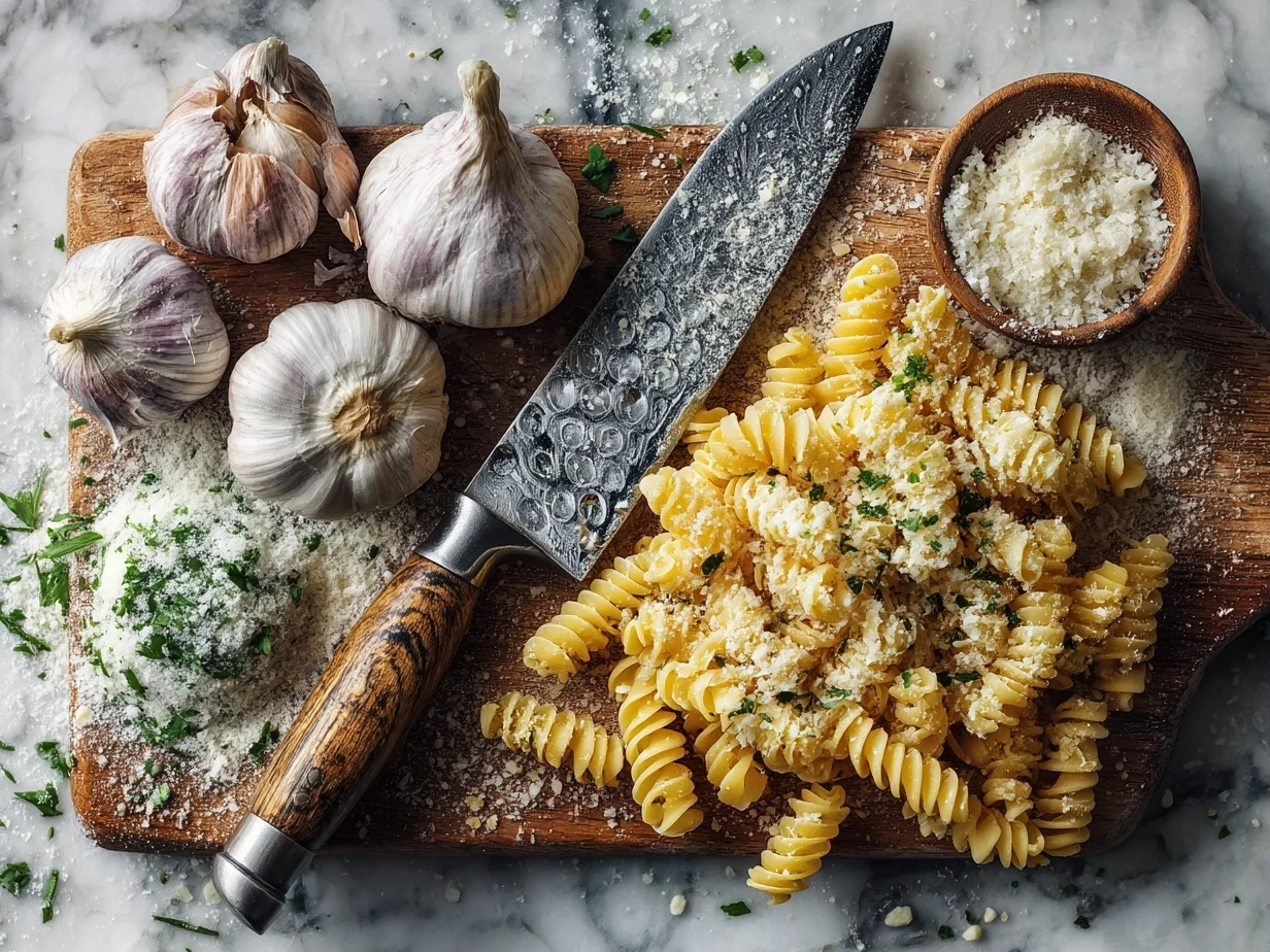 Top down raw ingredients for Chicken Garlic Parmesan Pasta on marble, showing organized mise en place in a modern kitchen
