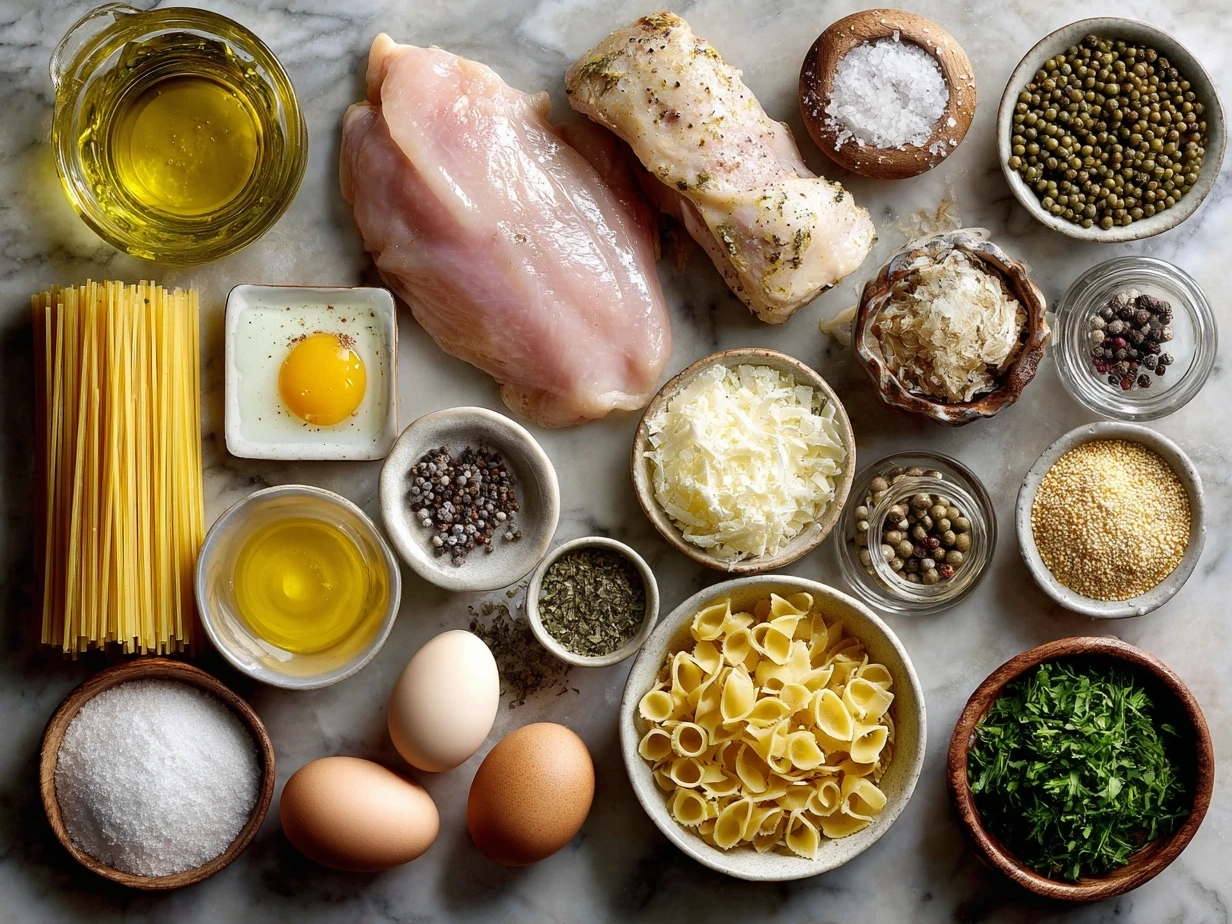Top-down raw ingredients for Chicken Piccata Pasta including chicken breasts, linguine, lemons, capers, butter, and olive oil